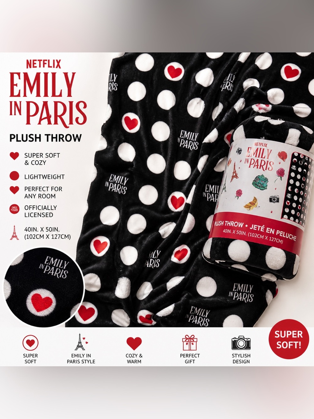 Emily in Paris Plush Throw Blanket Polka Dot Hearts Black Red Cozy 40x50